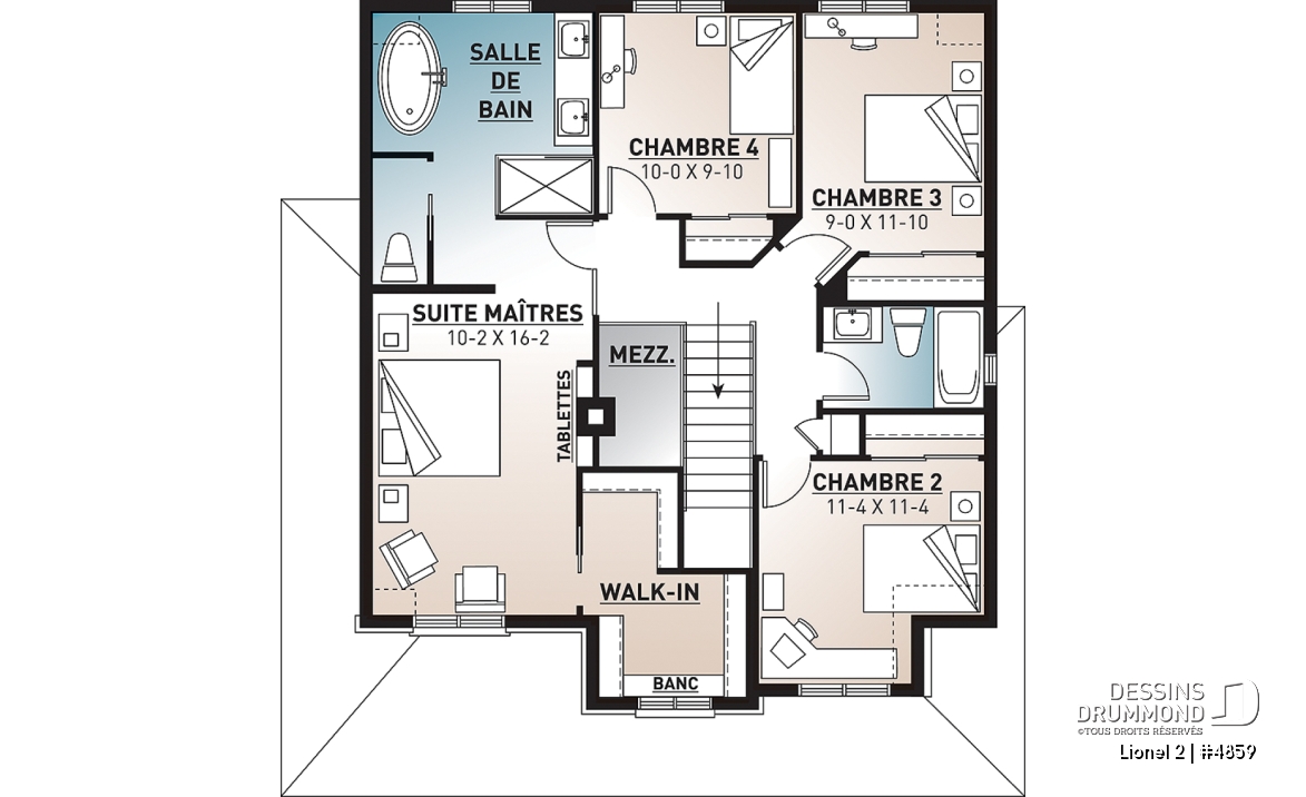 Étage - Plan de maison de 4 chambres, 2 séjours et suite des maîtres avec bureau privé - Lionel 2