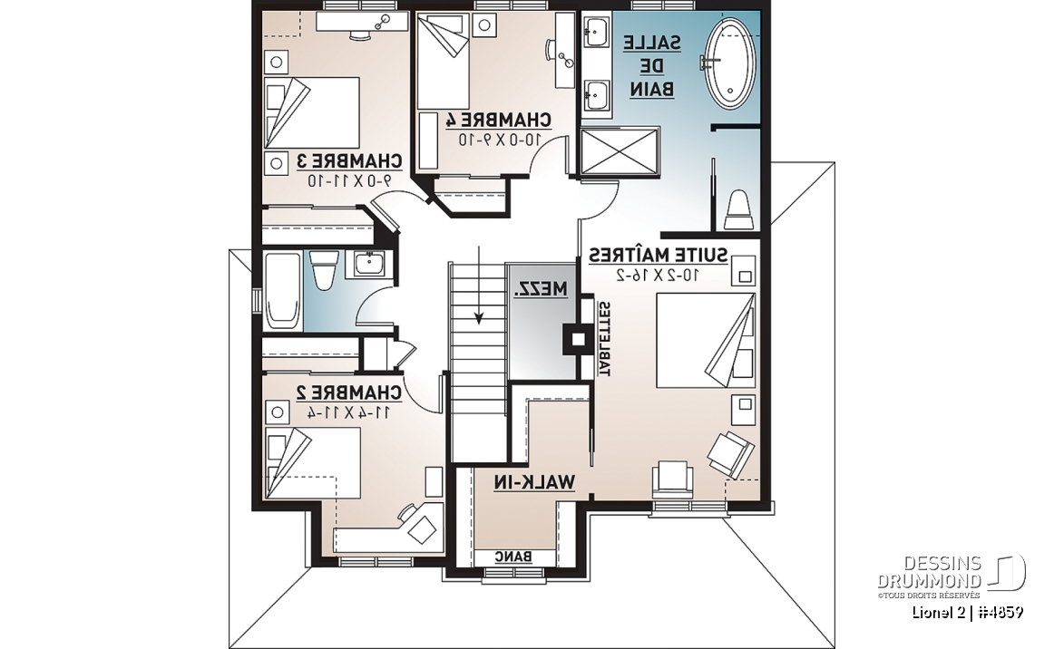 Étage - Plan de maison de 4 chambres, 2 séjours et suite des maîtres avec bureau privé - Lionel 2
