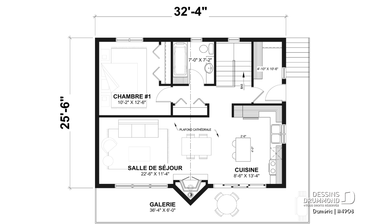 Rez-de-chaussée - Plan de chalet de ski rustique avec sous-sol en rez-de-jardin, 2 salons, 3 chambres, 2 salles de bain, foyers - Daméric