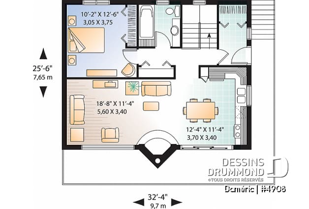 Rez-de-chaussée - Plan de chalet de ski rustique avec airs communs au r-d-c, 2 salons, 3 chambres, 2 salles de bain, foyers - Daméric