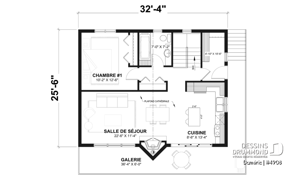Rez-de-chaussée - Plan de chalet de ski rustique avec sous-sol en rez-de-jardin, 2 salons, 3 chambres, 2 salles de bain, foyers - Daméric