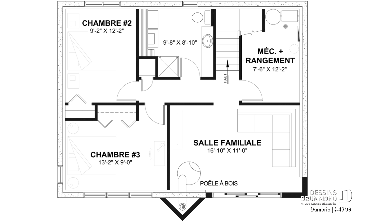 Sous-sol - Plan de chalet de ski rustique avec sous-sol en rez-de-jardin, 2 salons, 3 chambres, 2 salles de bain, foyers - Daméric