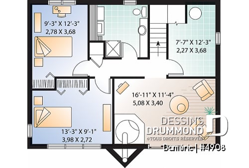 Sous-sol - Plan de chalet de ski rustique avec airs communs au r-d-c, 2 salons, 3 chambres, 2 salles de bain, foyers - Daméric
