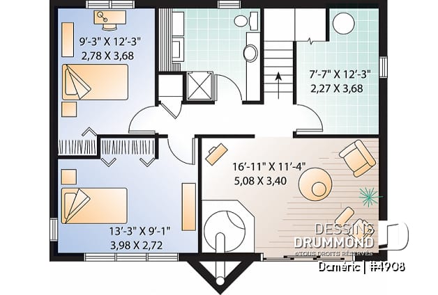 Sous-sol - Plan de chalet de ski rustique avec airs communs au r-d-c, 2 salons, 3 chambres, 2 salles de bain, foyers - Daméric