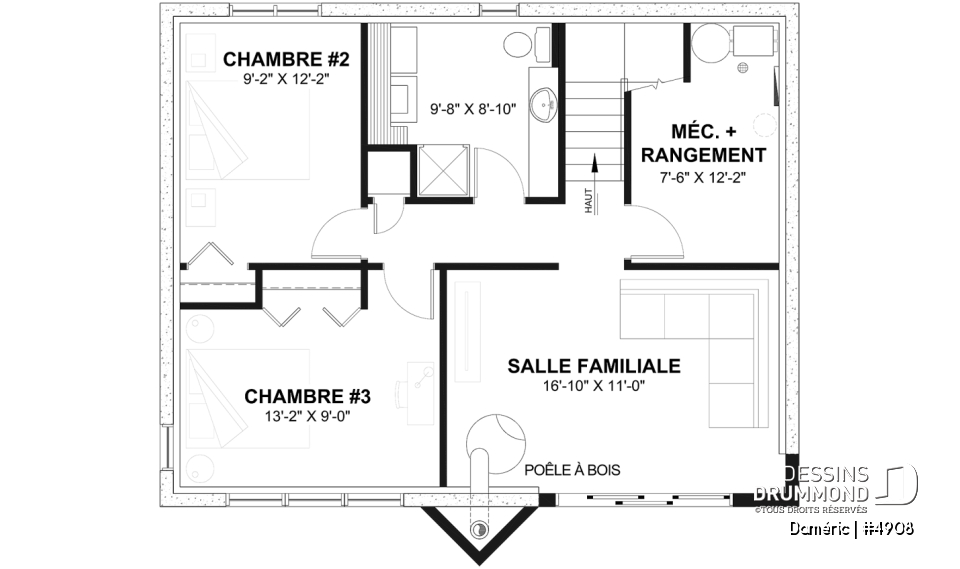 Sous-sol - Plan de chalet de ski rustique avec sous-sol en rez-de-jardin, 2 salons, 3 chambres, 2 salles de bain, foyers - Daméric