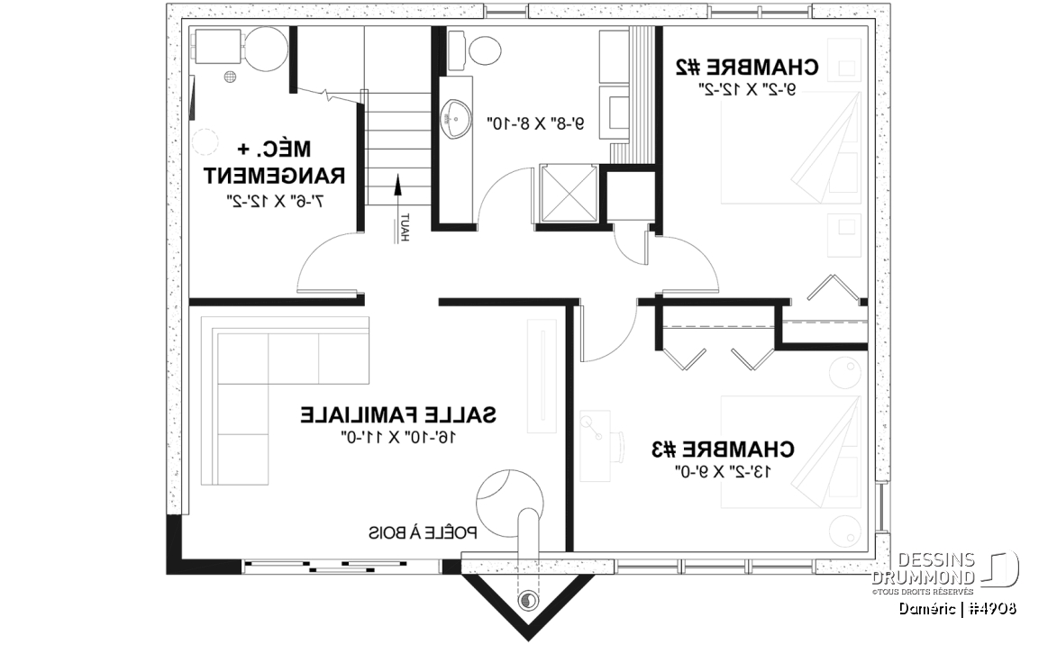 Sous-sol - Plan de chalet de ski rustique avec sous-sol en rez-de-jardin, 2 salons, 3 chambres, 2 salles de bain, foyers - Daméric