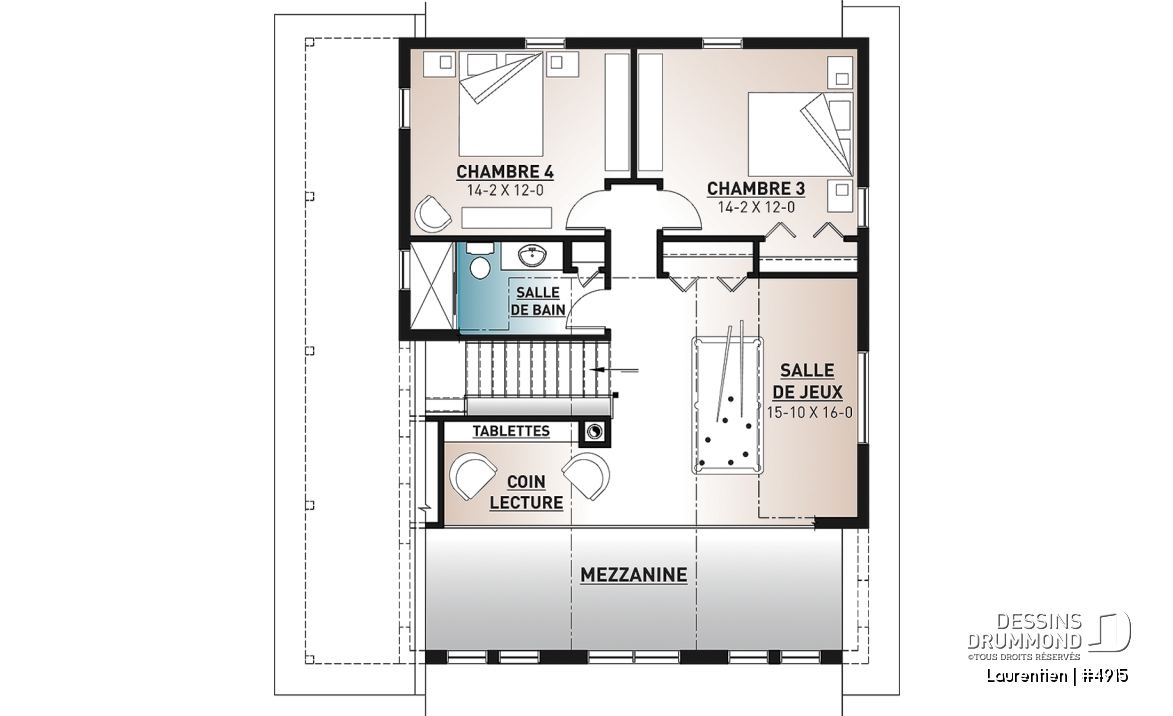Étage - Plan de chalet rustique 4 chambres, garage, balcons abrités, terrasse, foyer, mezzanine avec coin loft - Laurentien