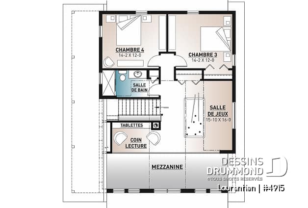 Étage - Plan de chalet rustique 4 chambres, garage, balcons abrités, terrasse, foyer, mezzanine avec coin loft - Laurentien