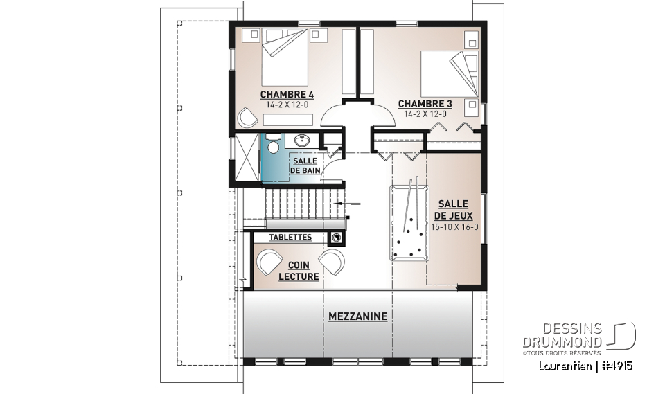 Étage - Plan de chalet rustique 4 chambres, garage, balcons abrités, terrasse, foyer, mezzanine avec coin loft - Laurentien