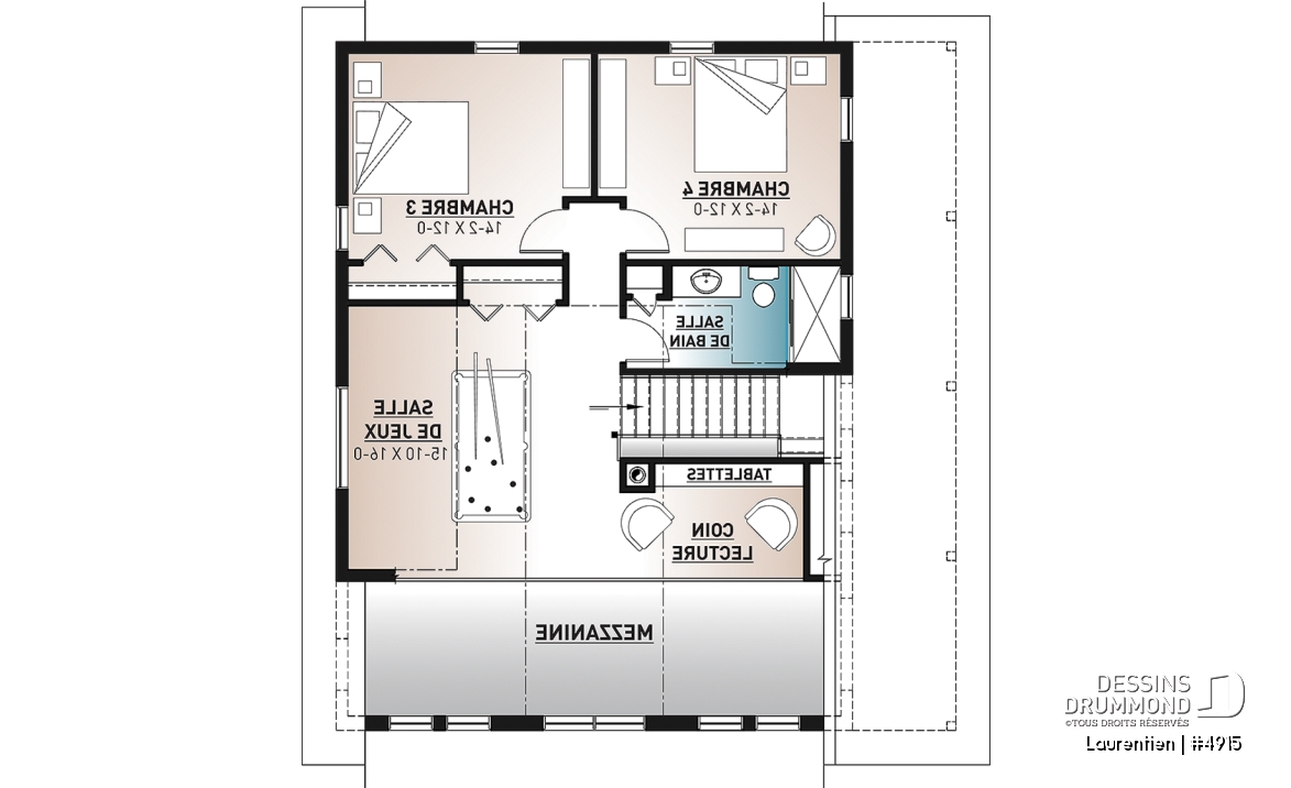 Étage - Plan de chalet rustique 4 chambres, garage, balcons abrités, terrasse, foyer, mezzanine avec coin loft - Laurentien