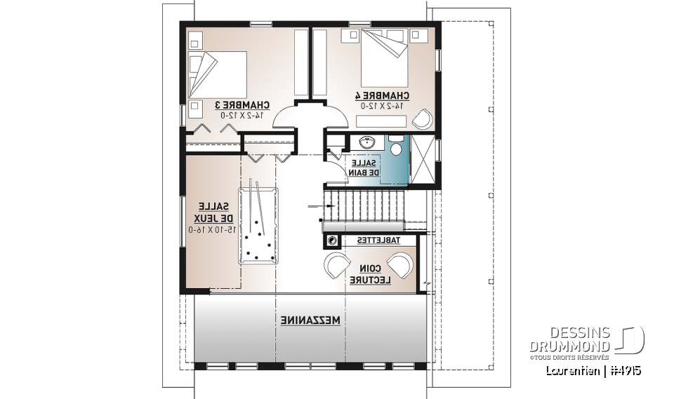 Étage - Plan de chalet rustique 4 chambres, garage, balcons abrités, terrasse, foyer, mezzanine avec coin loft - Laurentien