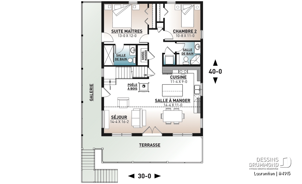 Rez-de-chaussée - Plan de chalet rustique 4 chambres, garage, balcons abrités, terrasse, foyer, mezzanine avec coin loft - Laurentien