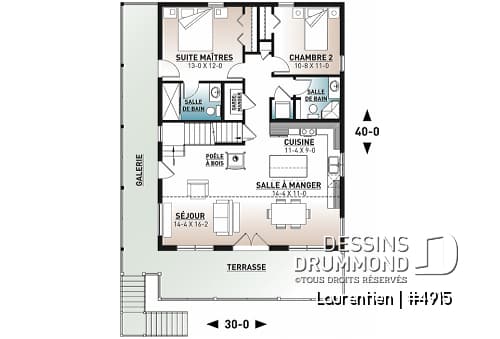 Rez-de-chaussée - Plan de chalet rustique 4 chambres, garage, balcons abrités, terrasse, foyer, mezzanine avec coin loft - Laurentien