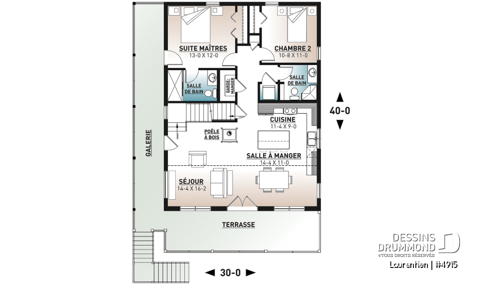 Rez-de-chaussée - Plan de chalet rustique 4 chambres, garage, balcons abrités, terrasse, foyer, mezzanine avec coin loft - Laurentien
