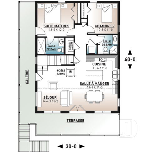 Rez-de-chaussée - Plan de chalet rustique 4 chambres, garage, balcons abrités, terrasse, foyer, mezzanine avec coin loft - Laurentien