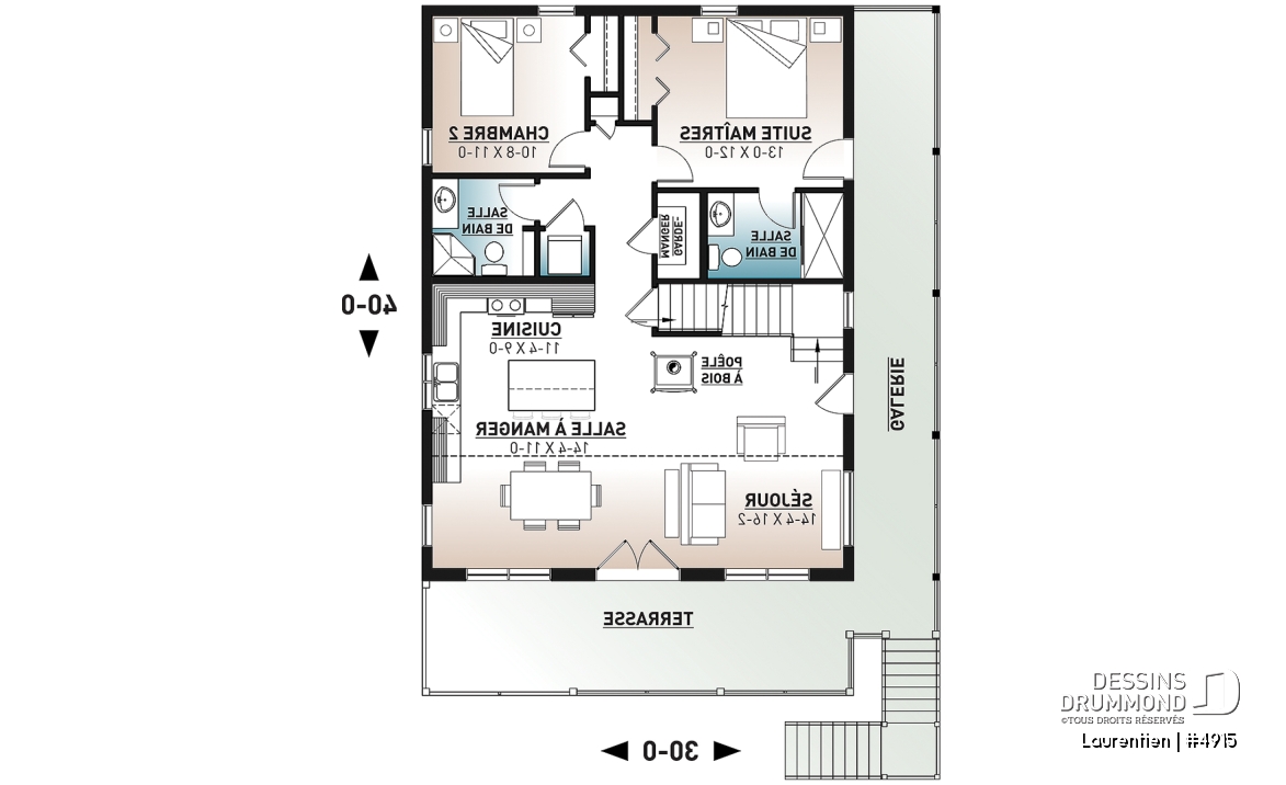 Rez-de-chaussée - Plan de chalet rustique 4 chambres, garage, balcons abrités, terrasse, foyer, mezzanine avec coin loft - Laurentien