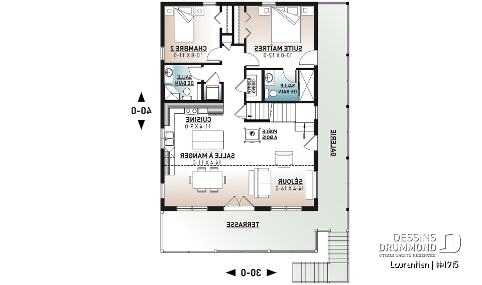 Rez-de-chaussée - Plan de chalet rustique 4 chambres, garage, balcons abrités, terrasse, foyer, mezzanine avec coin loft - Laurentien