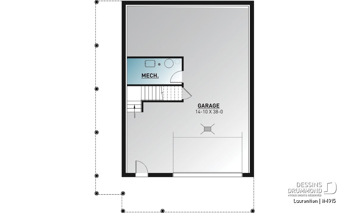 Sous-sol - Plan de chalet rustique 4 chambres, garage, balcons abrités, terrasse, foyer, mezzanine avec coin loft - Laurentien