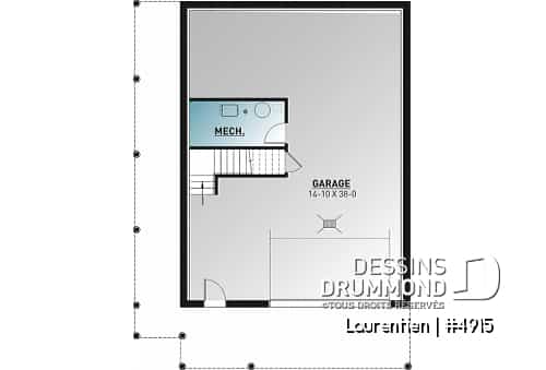 Sous-sol - Plan de chalet rustique 4 chambres, garage, balcons abrités, terrasse, foyer, mezzanine avec coin loft - Laurentien