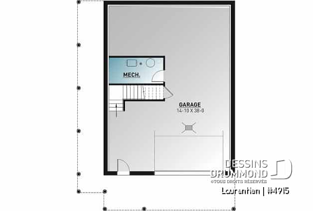 Sous-sol - Plan de chalet rustique 4 chambres, garage, balcons abrités, terrasse, foyer, mezzanine avec coin loft - Laurentien