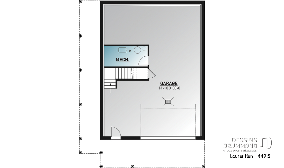 Sous-sol - Plan de chalet rustique 4 chambres, garage, balcons abrités, terrasse, foyer, mezzanine avec coin loft - Laurentien