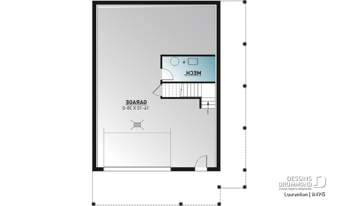 Sous-sol - Plan de chalet rustique 4 chambres, garage, balcons abrités, terrasse, foyer, mezzanine avec coin loft - Laurentien