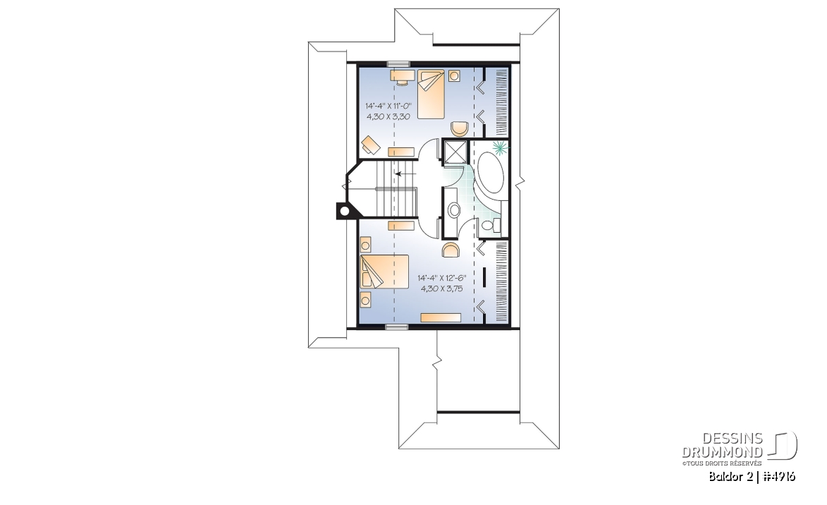 Étage - Plan de chalet ou maison avec vue panoramique, 3 chambres, foyer, abri moustiquaire, parents au premier - Baldor 2