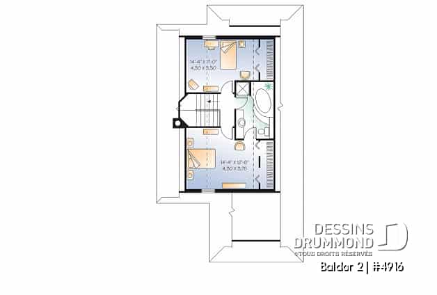Étage - Plan de chalet ou maison avec vue panoramique, 3 chambres, foyer, abri moustiquaire, parents au premier - Baldor 2