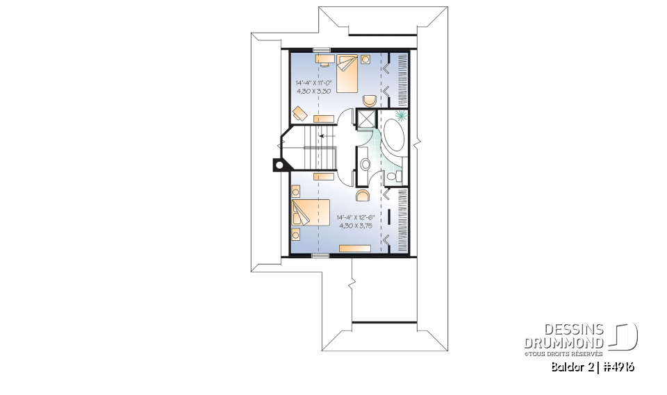 Étage - Plan de chalet ou maison avec vue panoramique, 3 chambres, foyer, abri moustiquaire, parents au premier - Baldor 2