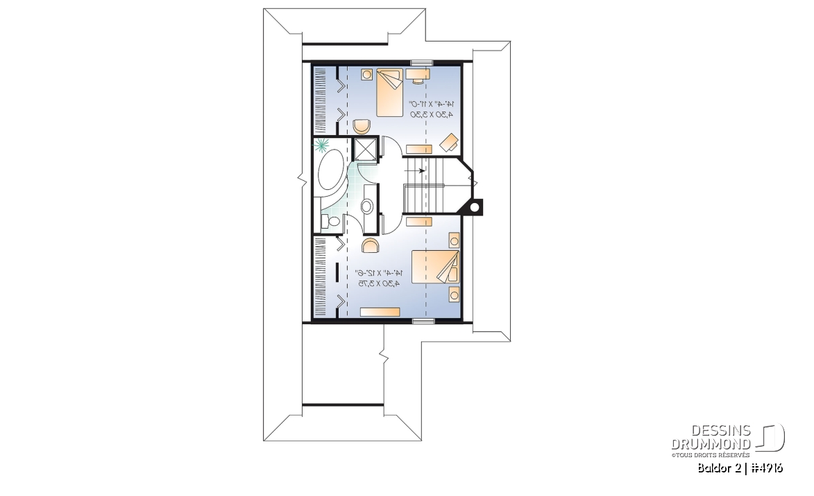 Étage - Plan de chalet ou maison avec vue panoramique, 3 chambres, foyer, abri moustiquaire, parents au premier - Baldor 2