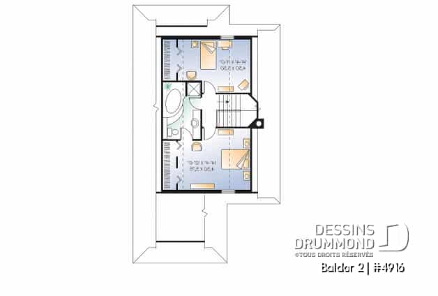 Étage - Plan de chalet ou maison avec vue panoramique, 3 chambres, foyer, abri moustiquaire, parents au premier - Baldor 2