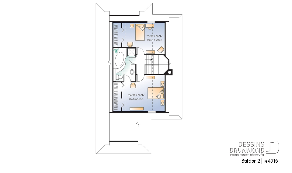 Étage - Plan de chalet ou maison avec vue panoramique, 3 chambres, foyer, abri moustiquaire, parents au premier - Baldor 2