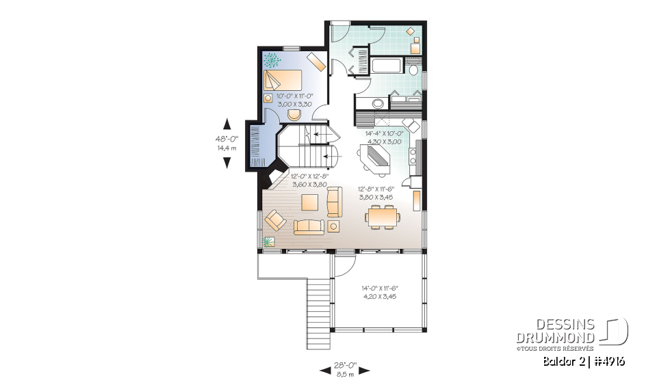 Rez-de-chaussée - Plan de chalet ou maison avec vue panoramique, 3 chambres, foyer, abri moustiquaire, parents au premier - Baldor 2