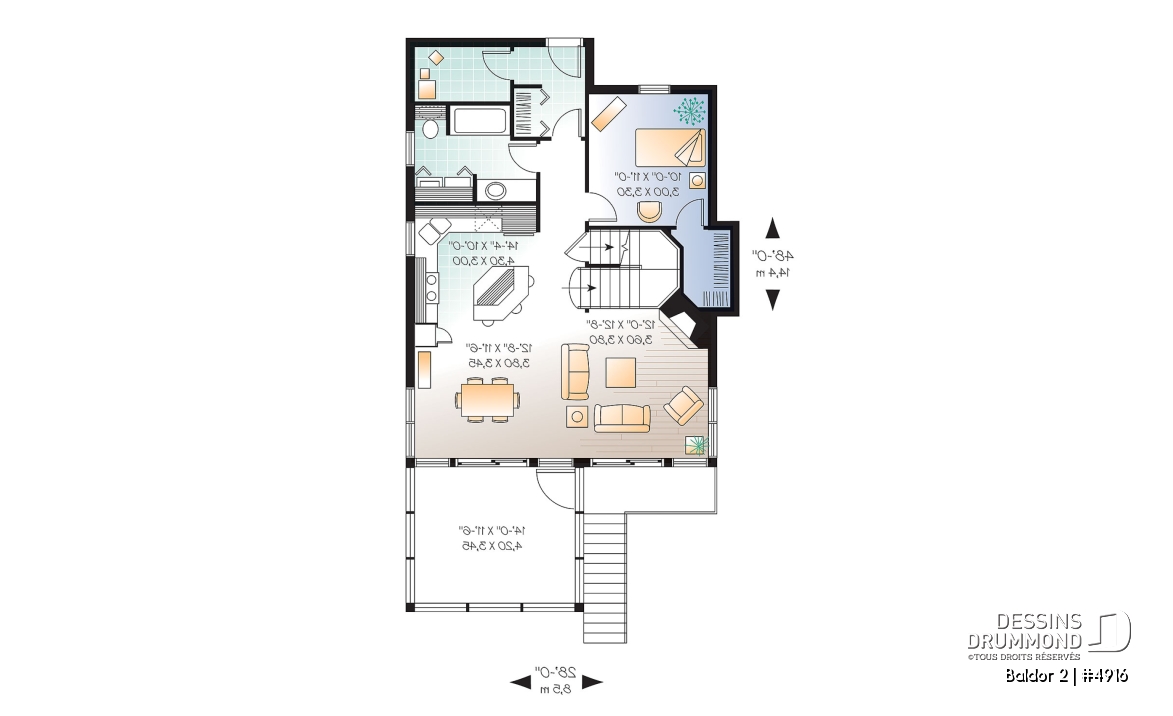 Rez-de-chaussée - Plan de chalet ou maison avec vue panoramique, 3 chambres, foyer, abri moustiquaire, parents au premier - Baldor 2