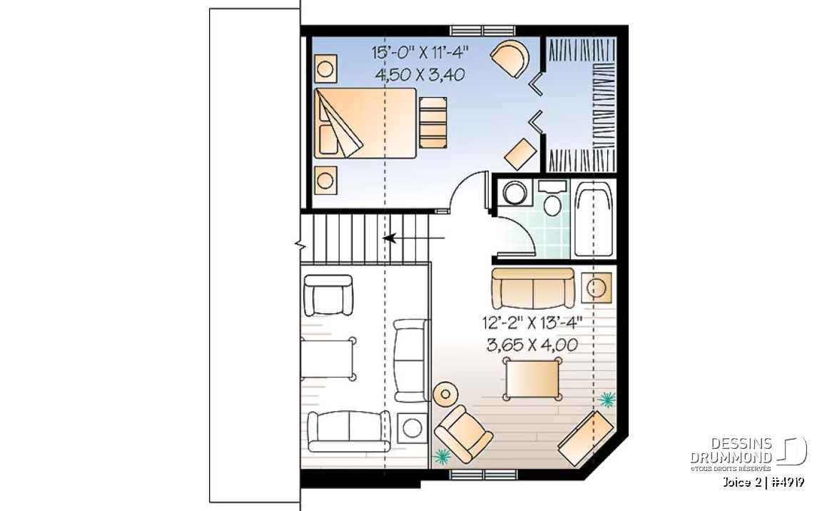 Étage - Plan de maison ou chalet champêtre, 2 ou 3 chambres, cathédrale et mezzanine, superbe fenestration - Joice 2