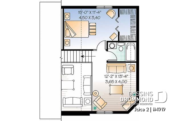 Étage - Plan de maison ou chalet champêtre, 2 ou 3 chambres, cathédral et mezzanine, superbe fenestration - Joice 2