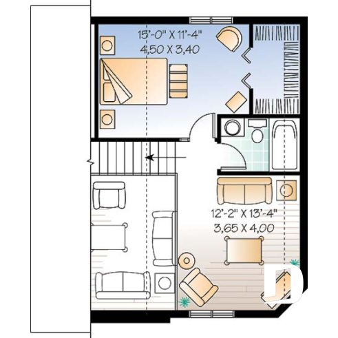 Étage - Plan de maison ou chalet champêtre, 2 ou 3 chambres, cathédrale et mezzanine, superbe fenestration - Joice 2