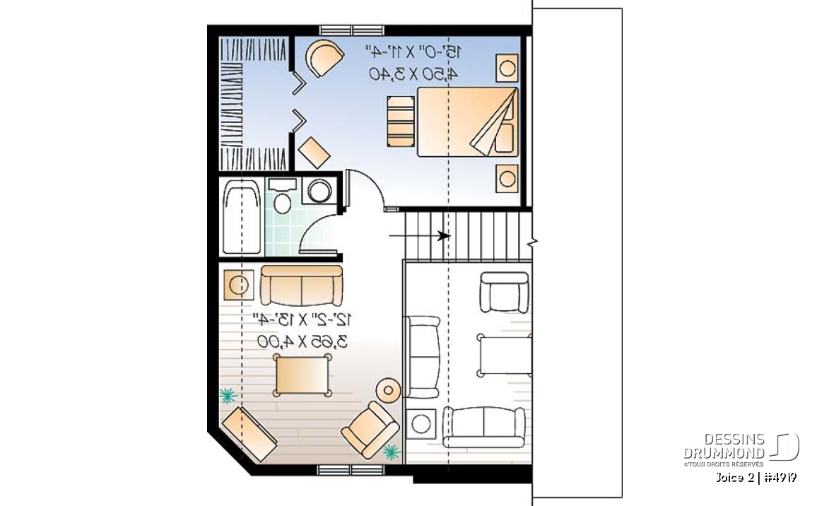 Étage - Plan de maison ou chalet champêtre, 2 ou 3 chambres, cathédrale et mezzanine, superbe fenestration - Joice 2