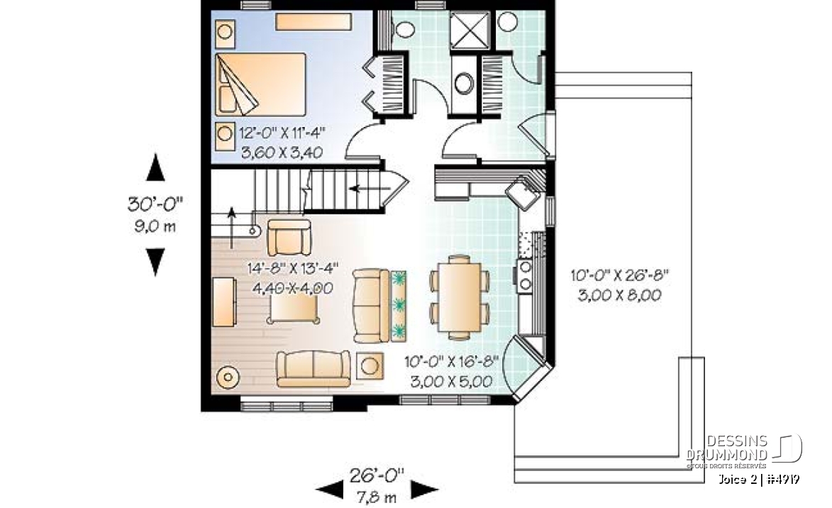 Rez-de-chaussée - Plan de maison ou chalet champêtre, 2 ou 3 chambres, cathédrale et mezzanine, superbe fenestration - Joice 2