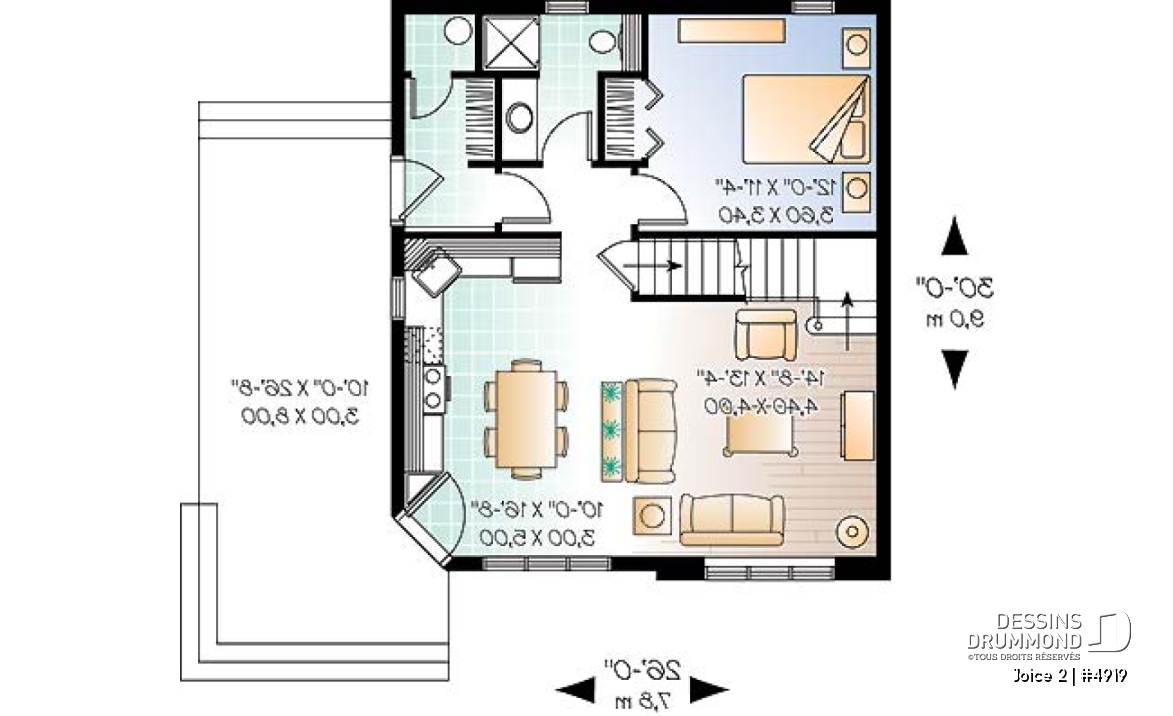 Rez-de-chaussée - Plan de maison ou chalet champêtre, 2 ou 3 chambres, cathédrale et mezzanine, superbe fenestration - Joice 2