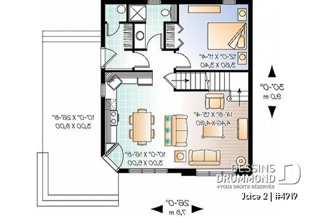 Rez-de-chaussée - Plan de maison ou chalet champêtre, 2 ou 3 chambres, cathédral et mezzanine, superbe fenestration - Joice 2