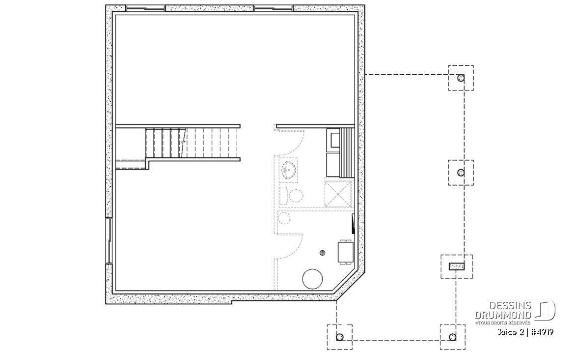 Sous-sol - Plan de maison ou chalet champêtre, 2 ou 3 chambres, cathédrale et mezzanine, superbe fenestration - Joice 2