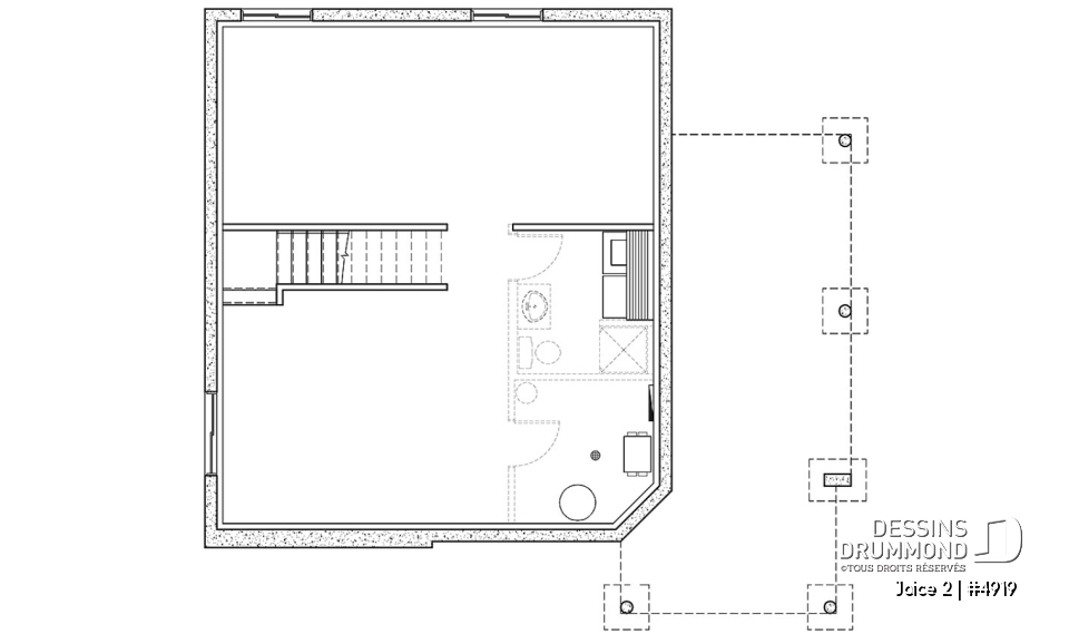 Sous-sol - Plan de maison ou chalet champêtre, 2 ou 3 chambres, cathédrale et mezzanine, superbe fenestration - Joice 2