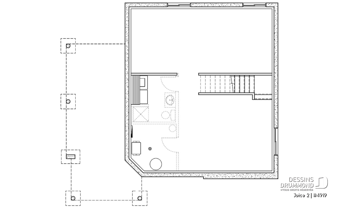 Sous-sol - Plan de maison ou chalet champêtre, 2 ou 3 chambres, cathédrale et mezzanine, superbe fenestration - Joice 2