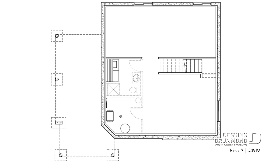 Sous-sol - Plan de maison ou chalet champêtre, 2 ou 3 chambres, cathédrale et mezzanine, superbe fenestration - Joice 2