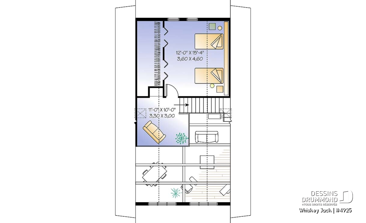 Étage - Plan de chalet abordable 2 chambres + loft, mezzanine et plafond cathédral, vestiaire d'entrée, buanderie - Whiskey Jack