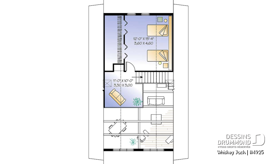 Étage - Plan de chalet abordable 2 chambres + loft, mezzanine et plafond cathédral, vestiaire d'entrée, buanderie - Whiskey Jack