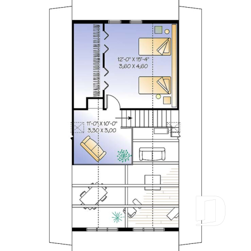 Étage - Plan de chalet abordable 2 chambres + loft, mezzanine et plafond cathédral, vestiaire d'entrée, buanderie - Whiskey Jack