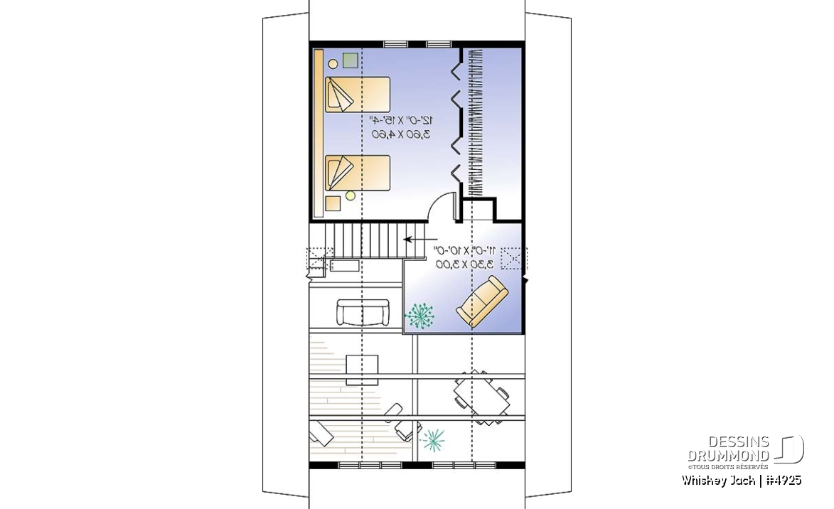 Étage - Plan de chalet abordable 2 chambres + loft, mezzanine et plafond cathédral, vestiaire d'entrée, buanderie - Whiskey Jack