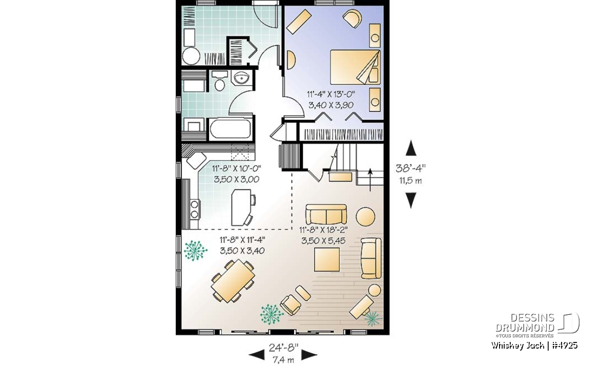 Rez-de-chaussée - Plan de chalet abordable 2 chambres + loft, mezzanine et plafond cathédral, vestiaire d'entrée, buanderie - Whiskey Jack